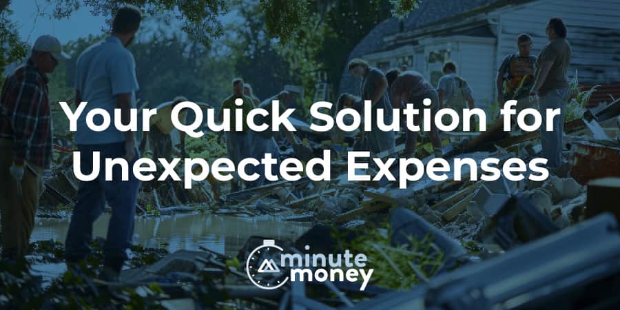 Community of people recovering from a flood. At the center, the words: your quick solution for unexpected expenses.