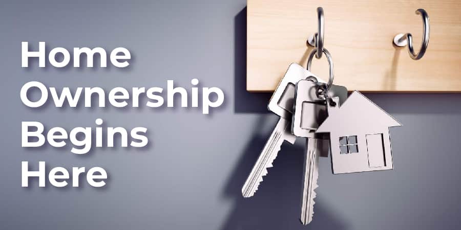 Keys hanging on a coat hanging rack. At the left, the words: home ownership begins here.