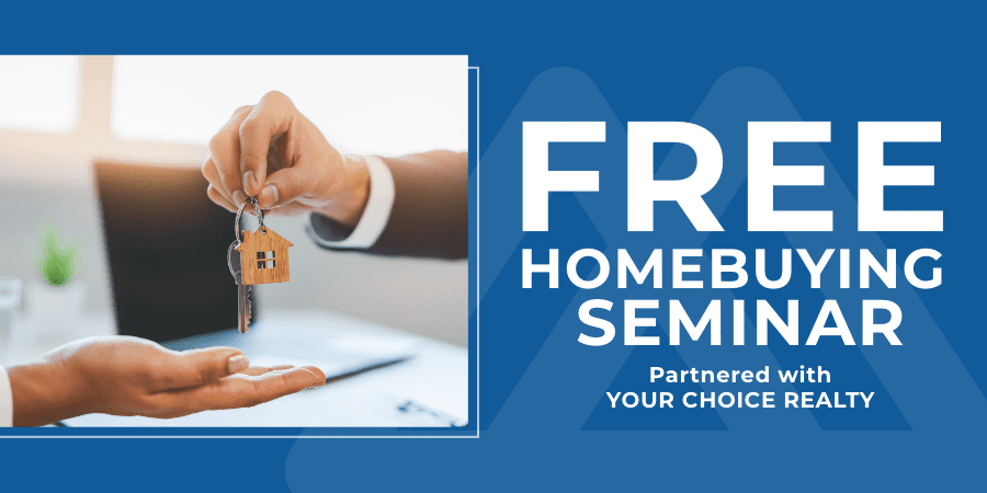 One hand placing keys to another hand. At the right, the words: free homebuying seminar.