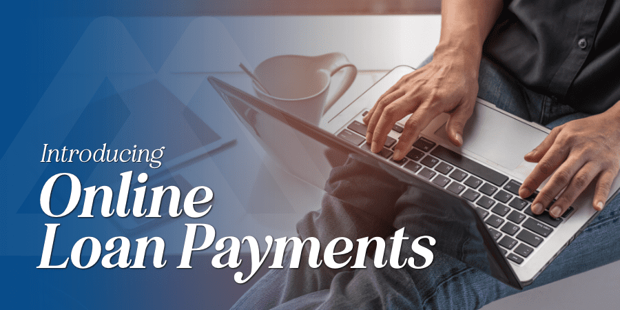 A man using a laptop. On the bottom, the words introducing online loan payments.