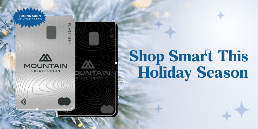 The MCU credit and debit cards against a snowy background. At the right, the words: shop smart this holiday season.