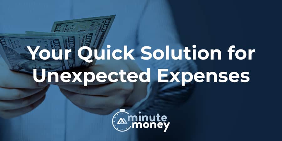 A person holding numerous $100 bills. At the center, the words: your quick solution for unexpected expenses.