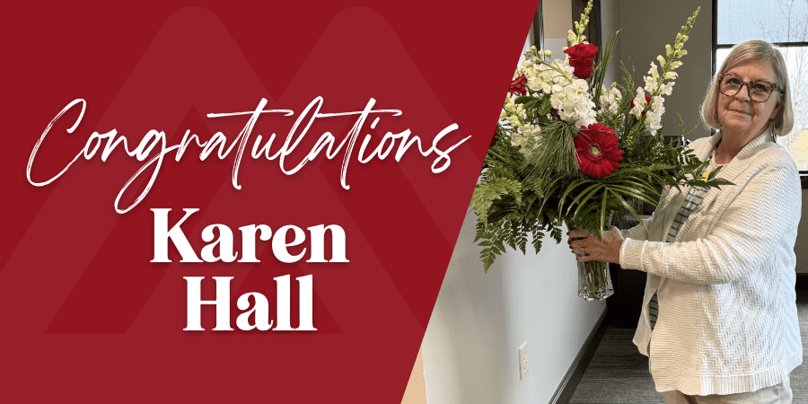 A picture of Karen Hall on the right. To the left, the words: congratulations Karen Hall.