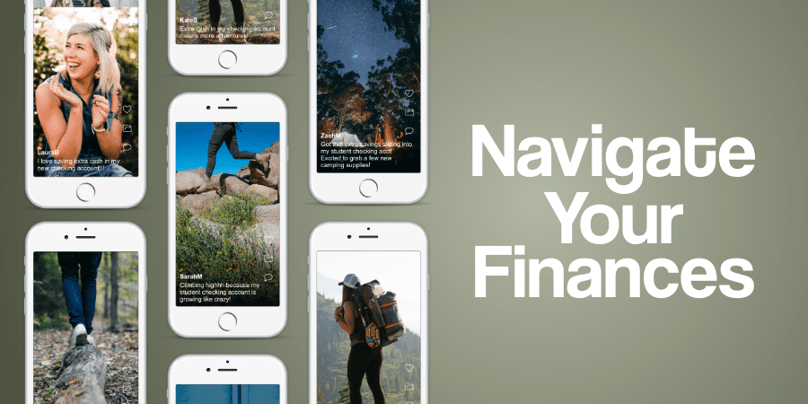 A collage from hiking screen shots on smart phones. At the right, the words: navigate your finances.