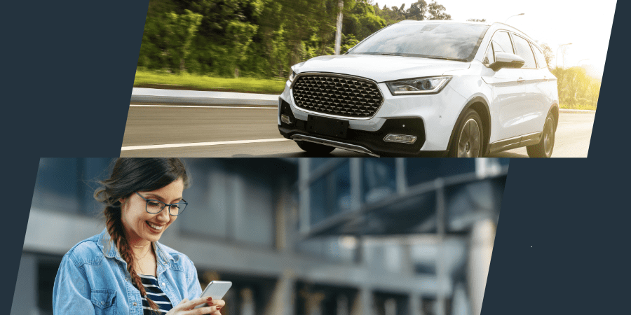 A collage of an SUV driving on a road and a young woman using a smart phone.