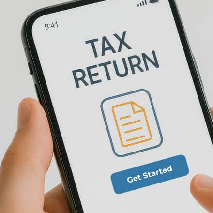 A hand holding a mobile phone showing a tax return screen.