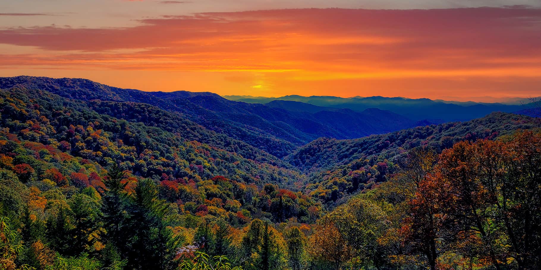 The Blue Ridge Mountains at sunset in fall.