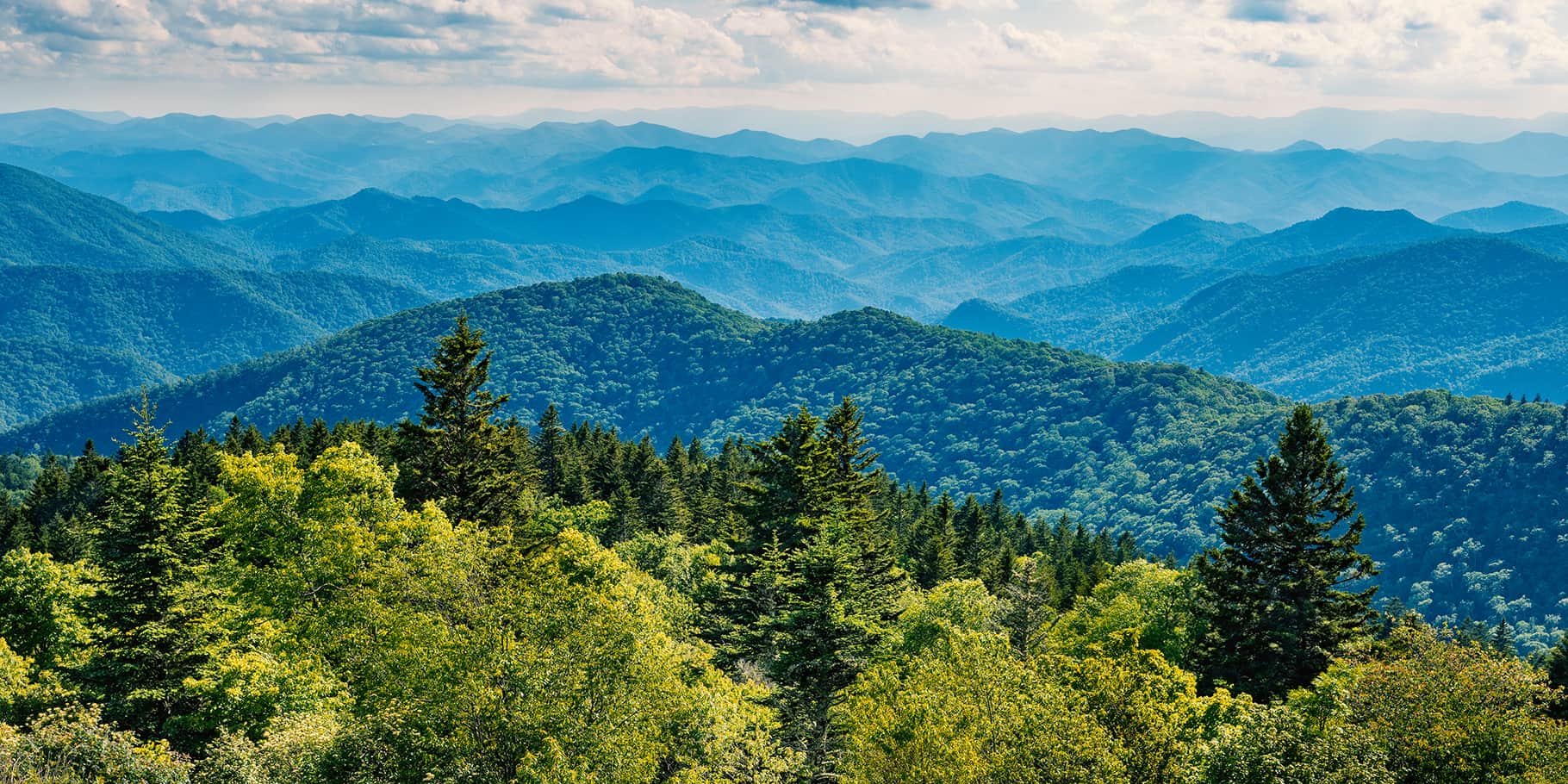 View of the Blue Ridge Mountains on a sunny summer day.