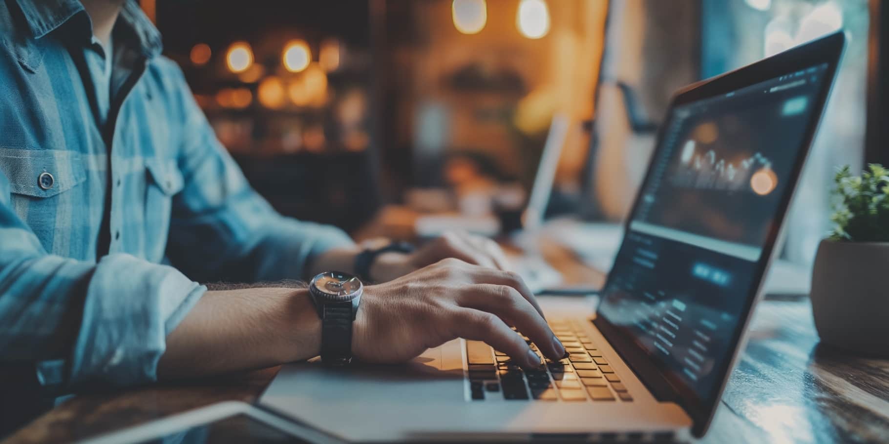 Male arms typing on a laptop.
