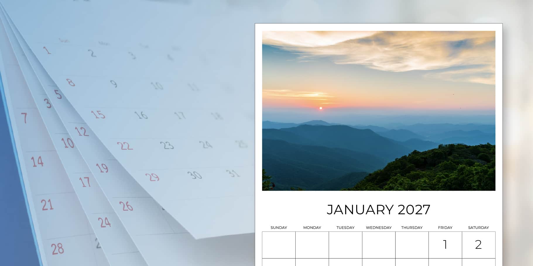 Picture of the Smokey Mountains placed in the January page of a calendar booklet.