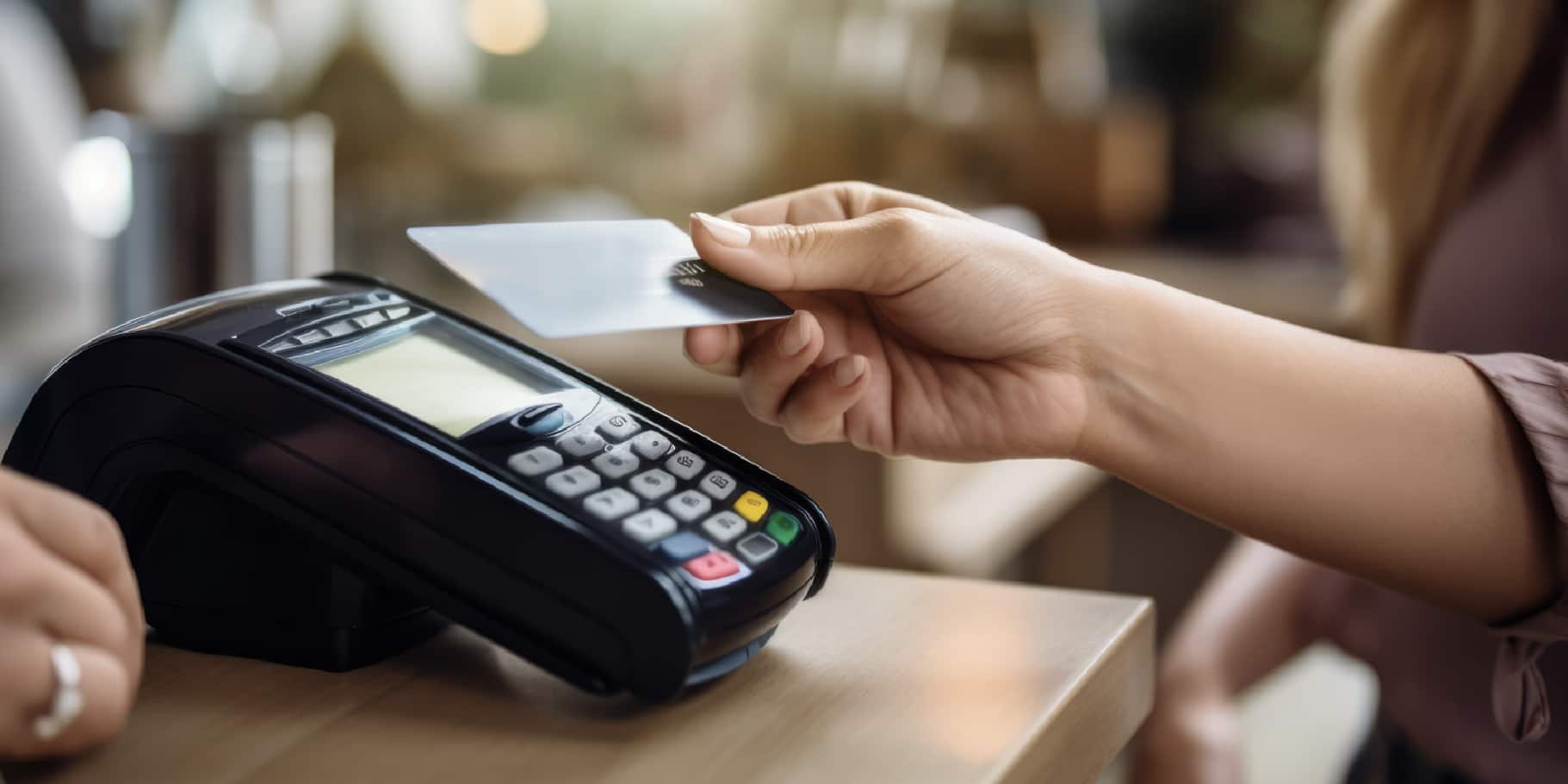 An up close shot of a female hand tapping to pay with her card.