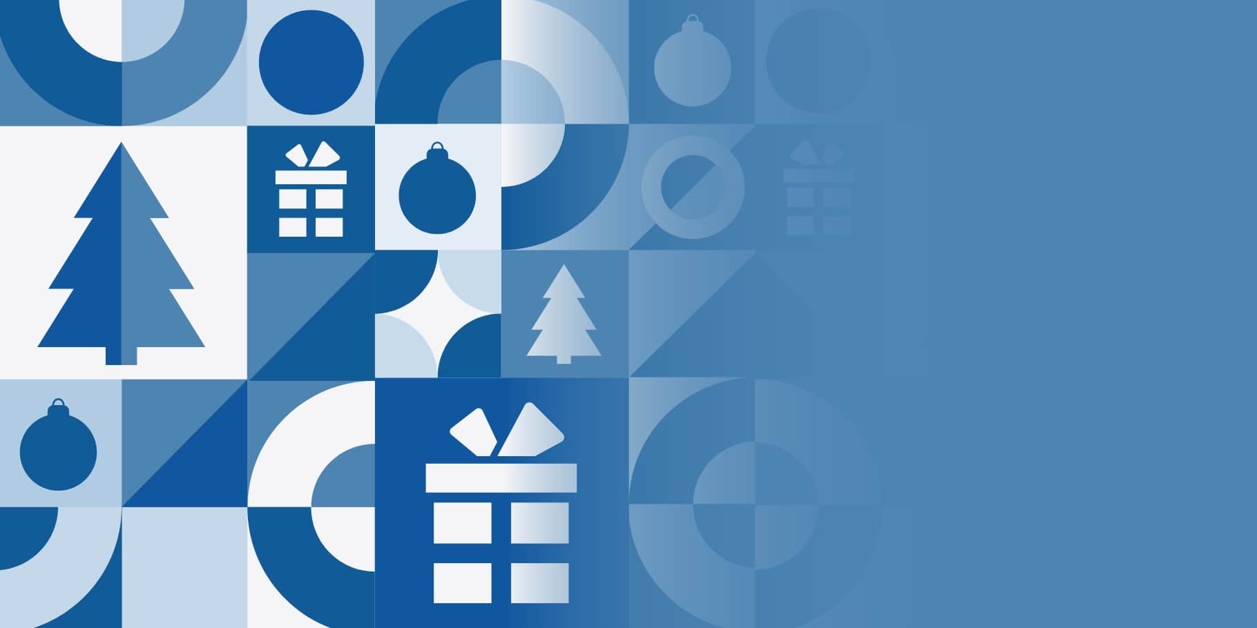 Blue geometric holiday pattern featuring Christmas trees, ornaments, and wrapped gifts fading into a solid blue background.